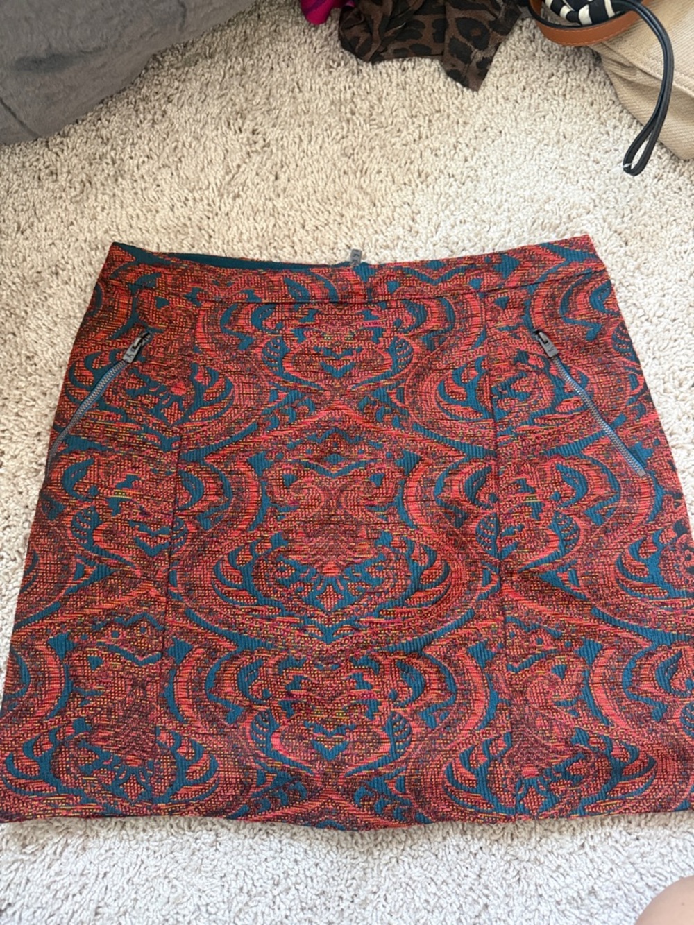 Hollister Patterned Red & Teal Mini Skirt with Zip Pocket Details